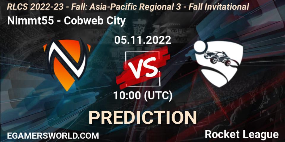 Pronósticos Nimmt55 - Cobweb City. 05.11.2022 at 10:00. RLCS 2022-23 - Fall: Asia-Pacific Regional 3 - Fall Invitational - Rocket League