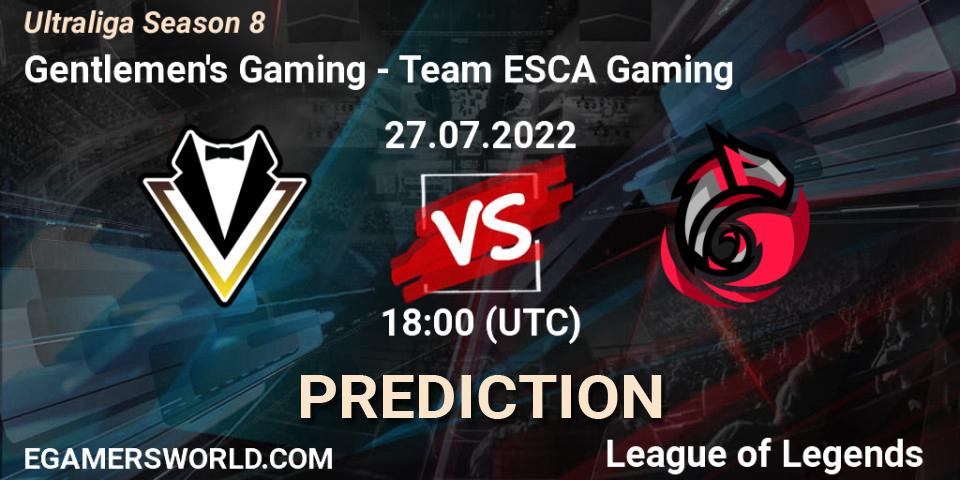 Pronósticos Gentlemen's Gaming - Team ESCA Gaming. 27.07.2022 at 18:45. Ultraliga Season 8 - LoL