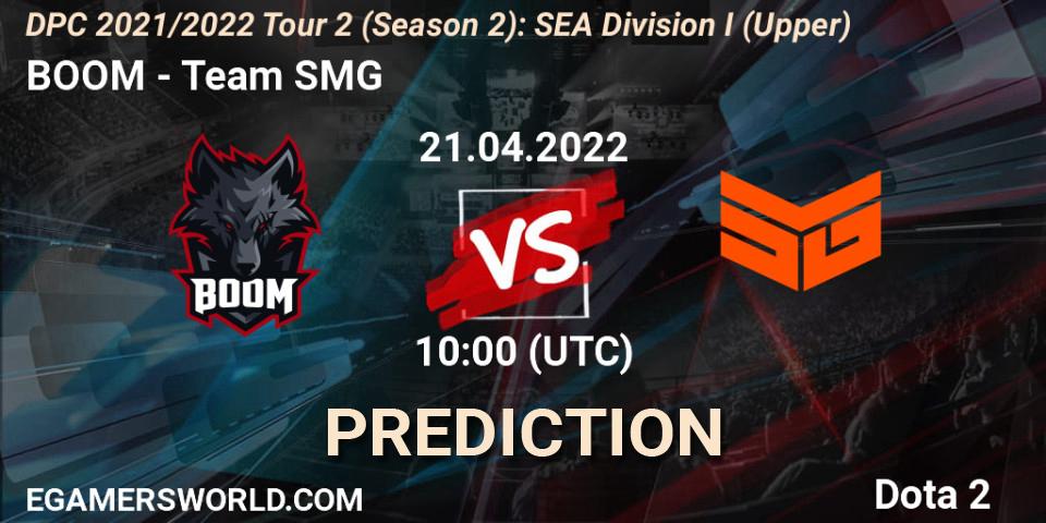 Pronósticos BOOM - Team SMG. 21.04.2022 at 10:43. DPC 2021/2022 Tour 2 (Season 2): SEA Division I (Upper) - Dota 2