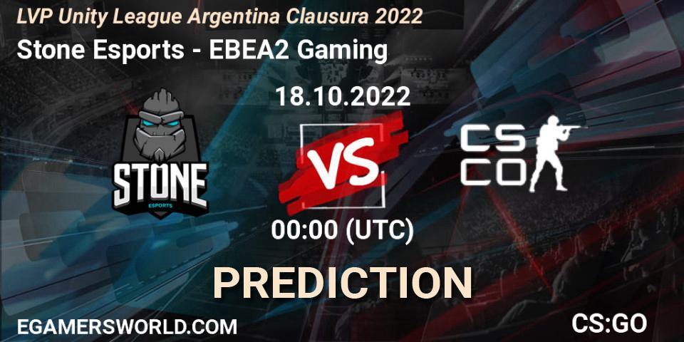 Pronósticos Stone Esports - EBEA2 Gaming. 18.10.2022 at 01:00. LVP Unity League Argentina Clausura 2022 - Counter-Strike (CS2)