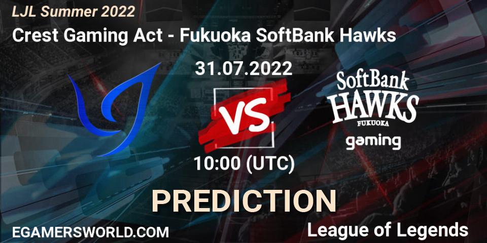 Pronósticos Crest Gaming Act - Fukuoka SoftBank Hawks. 31.07.2022 at 10:00. LJL Summer 2022 - LoL
