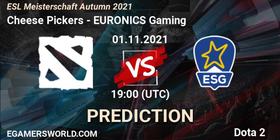 Pronósticos Cheese Pickers - EURONICS Gaming. 01.11.2021 at 20:00. ESL Meisterschaft Autumn 2021 - Dota 2