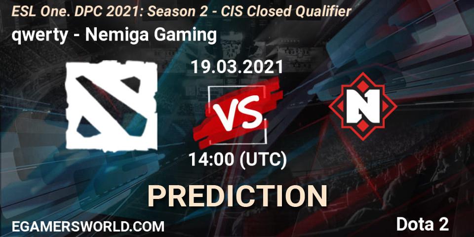Pronósticos qwerty - Nemiga Gaming. 19.03.2021 at 14:14. ESL One. DPC 2021: Season 2 - CIS Closed Qualifier - Dota 2