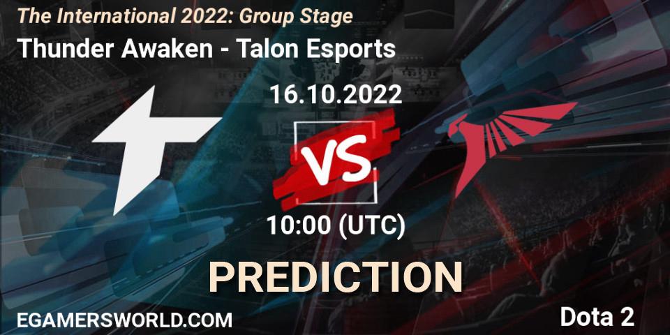 Pronósticos Thunder Awaken - Talon Esports. 16.10.2022 at 11:05. The International 2022: Group Stage - Dota 2