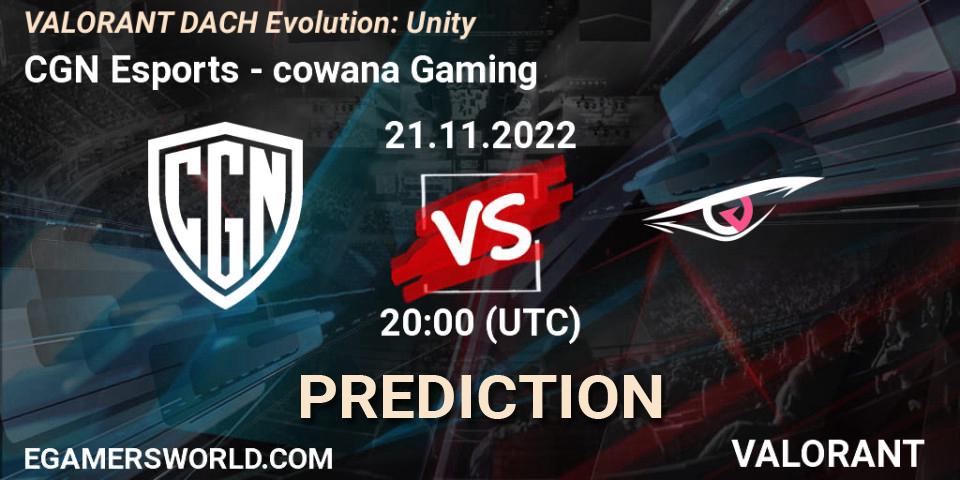 Pronósticos CGN Esports - cowana Gaming. 21.11.2022 at 20:00. VALORANT DACH Evolution: Unity - VALORANT