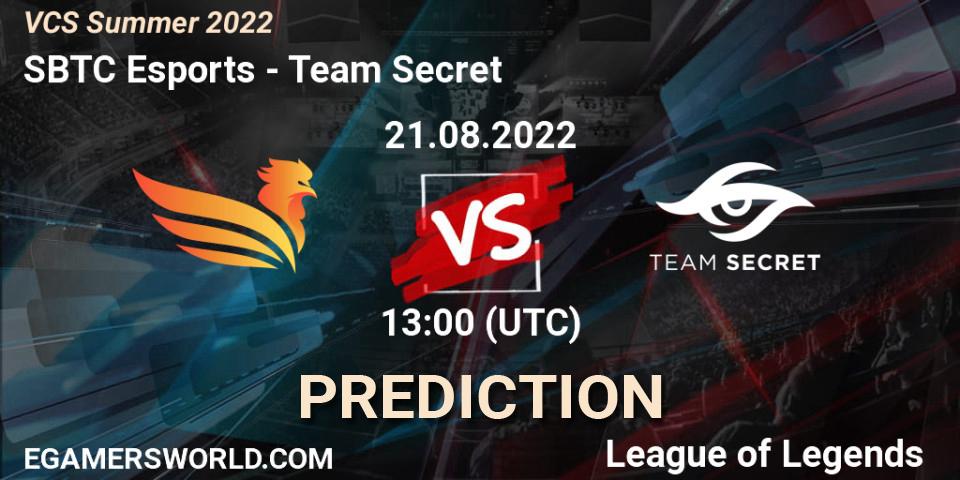 Pronósticos SBTC Esports - Team Secret. 21.08.2022 at 12:00. VCS Summer 2022 - LoL