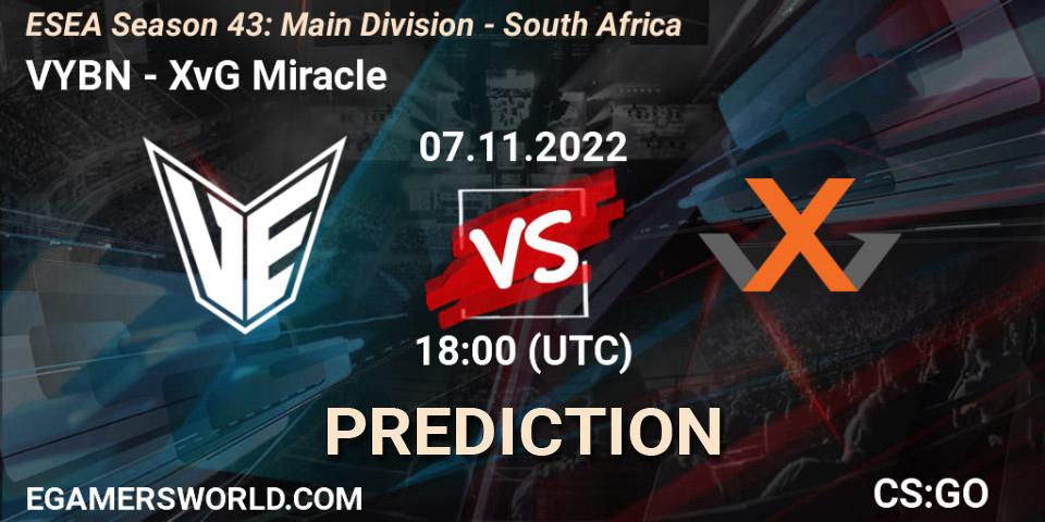Pronósticos VYBN - XvG Miracle. 07.11.2022 at 18:00. ESEA Season 43: Main Division - South Africa - Counter-Strike (CS2)