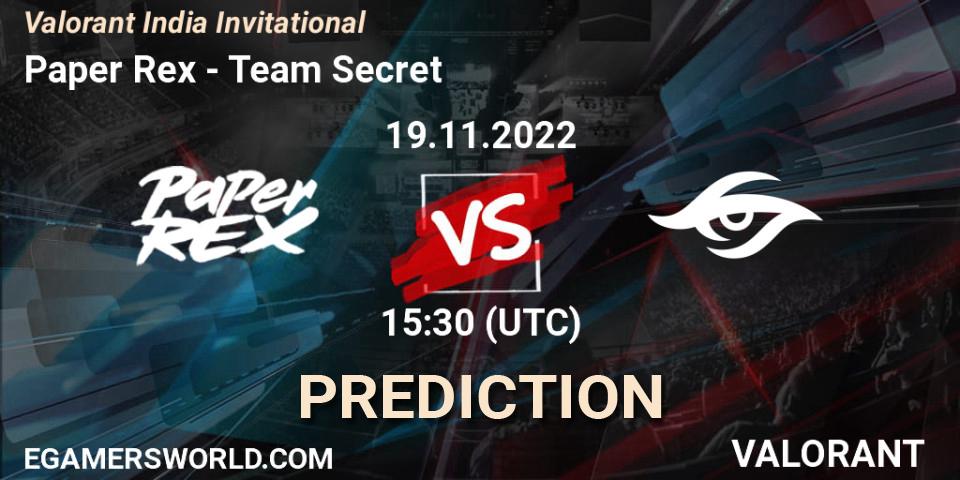 Pronósticos Paper Rex - Team Secret. 19.11.2022 at 15:30. Valorant India Invitational - VALORANT
