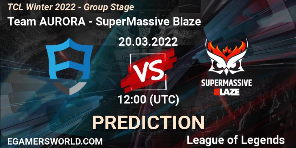 Pronósticos Team AURORA - SuperMassive Blaze. 20.03.2022 at 12:00. TCL Winter 2022 - Group Stage - LoL