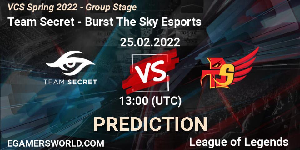 Pronósticos Team Secret - Burst The Sky Esports. 25.02.2022 at 13:00. VCS Spring 2022 - Group Stage - LoL