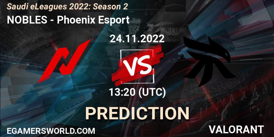 Pronósticos NOBLES - Phoenix Esport. 24.11.2022 at 13:20. Saudi eLeagues 2022: Season 2 - VALORANT