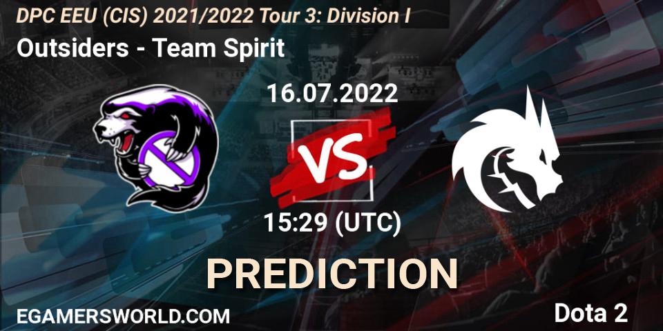 Pronósticos Outsiders - Team Spirit. 16.07.2022 at 15:29. DPC EEU (CIS) 2021/2022 Tour 3: Division I - Dota 2