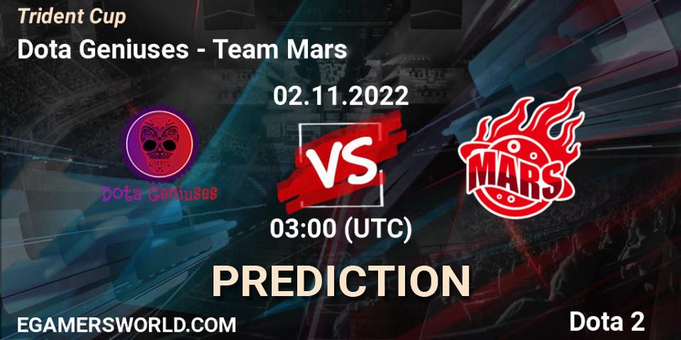 Pronósticos Dota Geniuses - Team Mars. 26.10.2022 at 06:59. Trident Cup - Dota 2