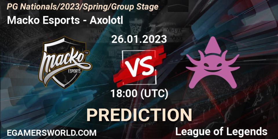 Pronósticos Macko Esports - Axolotl. 26.01.2023 at 21:15. PG Nationals Spring 2023 - Group Stage - LoL