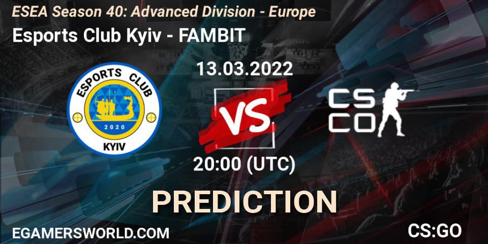 Pronósticos Esports Club Kyiv - FAMBIT. 13.03.2022 at 20:00. ESEA Season 40: Advanced Division - Europe - Counter-Strike (CS2)