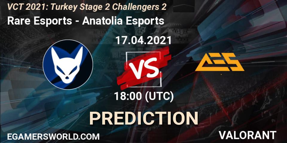 Pronósticos Rare Esports - Anatolia Esports. 17.04.2021 at 18:00. VCT 2021: Turkey Stage 2 Challengers 2 - VALORANT