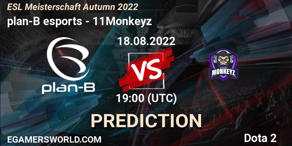 Pronósticos plan-B esports - 11Monkeyz. 18.08.2022 at 19:05. ESL Meisterschaft Autumn 2022 - Dota 2