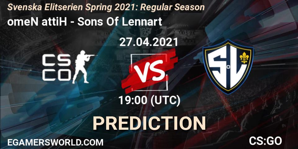 Pronósticos omeN attiH - Sons Of Lennart. 27.04.2021 at 19:00. Svenska Elitserien Spring 2021: Regular Season - Counter-Strike (CS2)