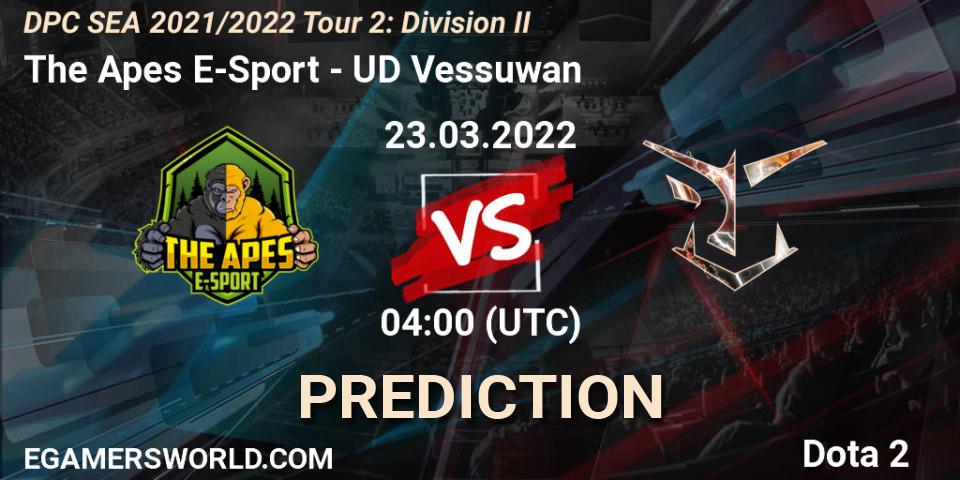 Pronósticos The Apes E-Sport - UD Vessuwan. 23.03.2022 at 04:00. DPC 2021/2022 Tour 2: SEA Division II (Lower) - Dota 2