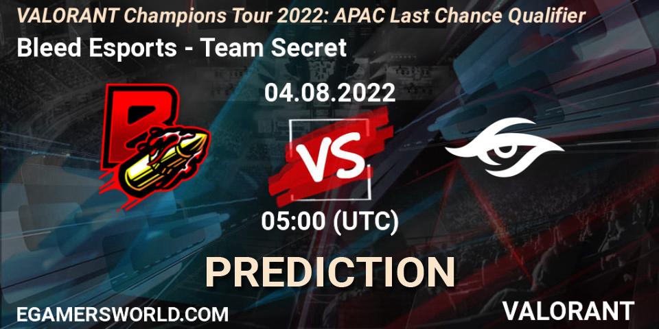 Pronósticos Bleed Esports - Team Secret. 04.08.2022 at 05:00. VCT 2022: APAC Last Chance Qualifier - VALORANT