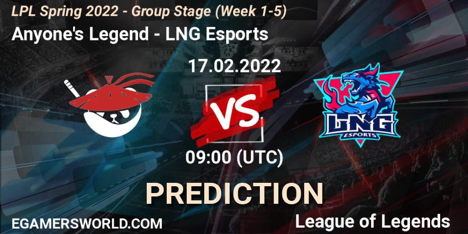 Pronósticos Anyone's Legend - LNG Esports. 17.02.22. LPL Spring 2022 - Group Stage (Week 1-5) - LoL