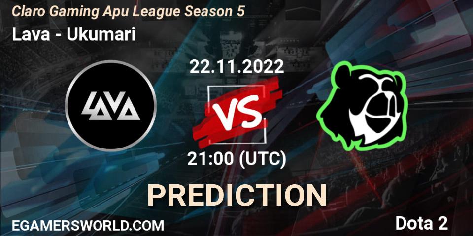 Pronósticos Lava - Ukumari. 22.11.2022 at 21:24. Claro Gaming Apu League Season 5 - Dota 2