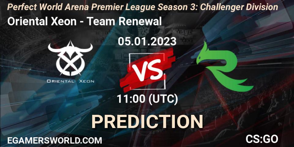 Pronósticos Oriental Xeon - Team Renewal. 05.01.2023 at 11:00. Perfect World Arena Premier League Season 3: Challenger Division - Counter-Strike (CS2)