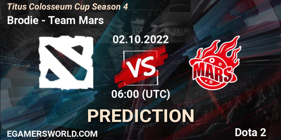 Pronósticos Brodie - Team Mars. 02.10.2022 at 06:24. Titus Colosseum Cup Season 4 - Dota 2