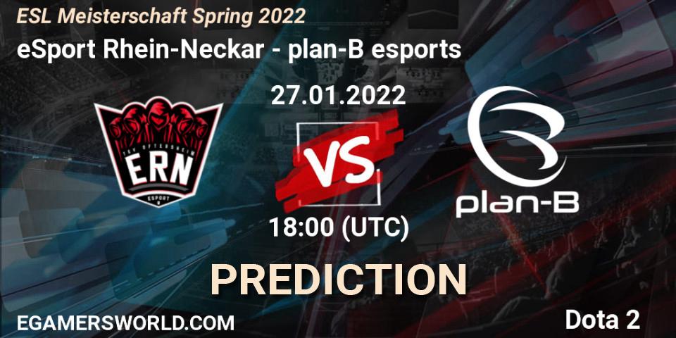 Pronósticos eSport Rhein-Neckar - plan-B esports. 27.01.2022 at 17:59. ESL Meisterschaft Spring 2022 - Dota 2