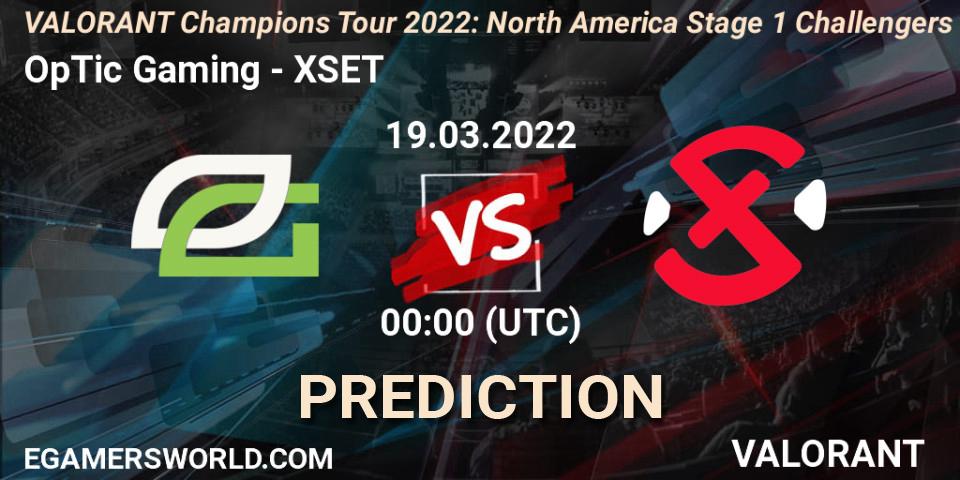 Pronósticos OpTic Gaming - XSET. 17.03.2022 at 23:45. VCT 2022: North America Stage 1 Challengers - VALORANT