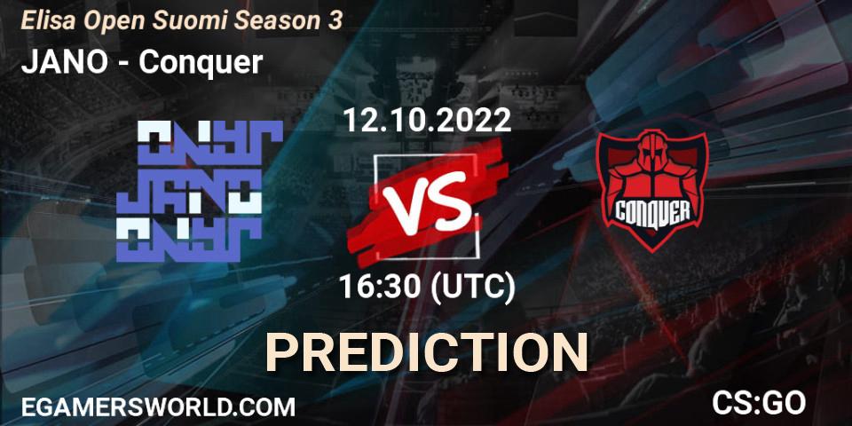 Pronósticos JANO - Conquer. 12.10.2022 at 16:30. Elisa Open Suomi Season 3 - Counter-Strike (CS2)