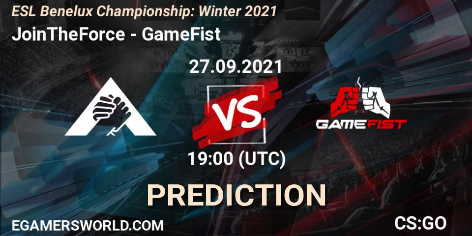 Pronósticos JoinTheForce - GameFist. 27.09.2021 at 19:30. ESL Benelux Championship: Winter 2021 - Counter-Strike (CS2)