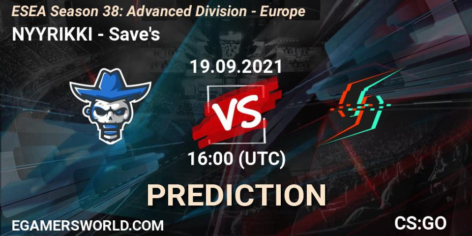Pronósticos NYYRIKKI - Save's. 19.09.2021 at 16:00. ESEA Season 38: Advanced Division - Europe - Counter-Strike (CS2)