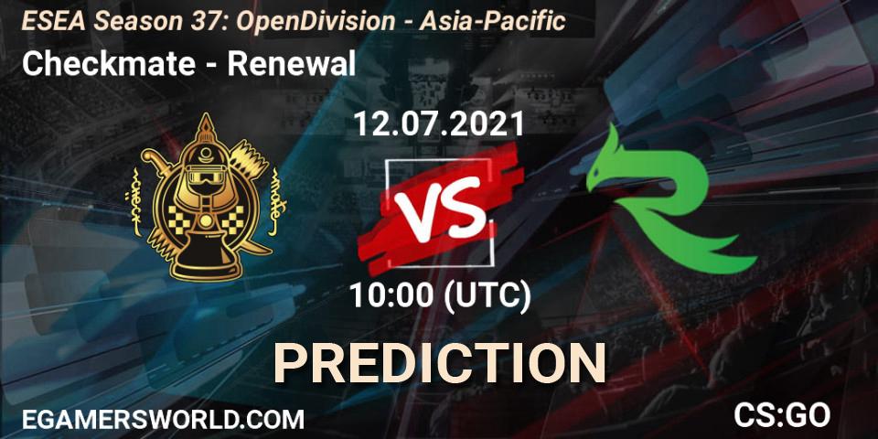 Pronósticos Checkmate - Renewal. 12.07.2021 at 10:00. ESEA Season 37: Open Division - Asia-Pacific - Counter-Strike (CS2)