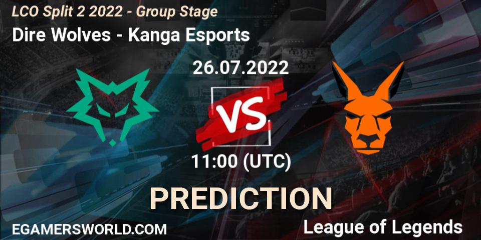 Pronósticos Dire Wolves - Kanga Esports. 26.07.2022 at 11:00. LCO Split 2 2022 - Group Stage - LoL