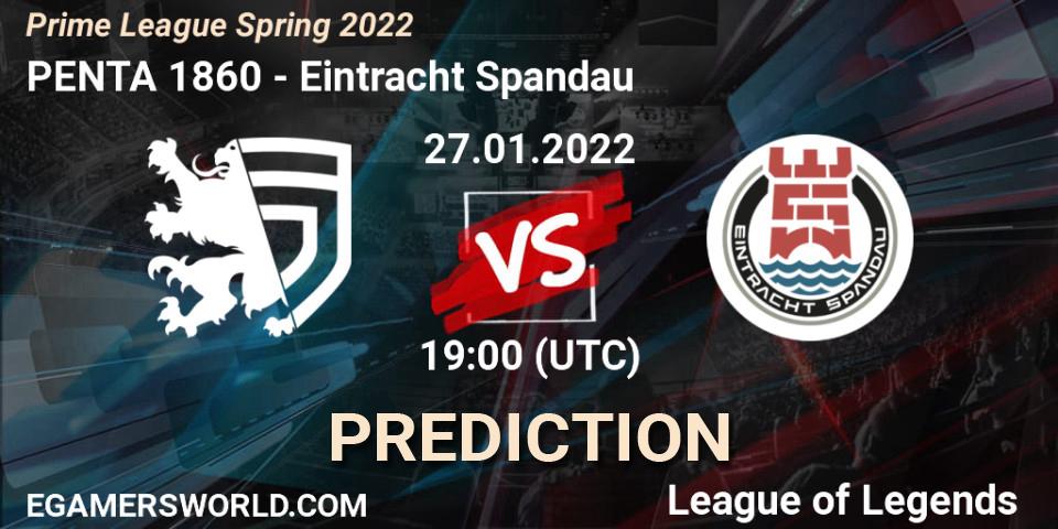 Pronósticos PENTA 1860 - Eintracht Spandau. 27.01.2022 at 19:00. Prime League Spring 2022 - LoL
