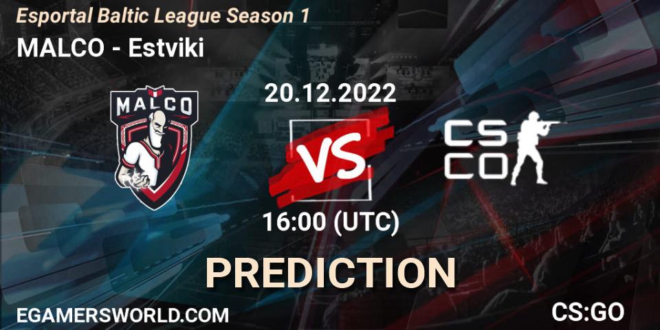 Pronósticos MALCO - Estviki. 20.12.2022 at 16:00. Esportal Baltic League Season 1 - Counter-Strike (CS2)