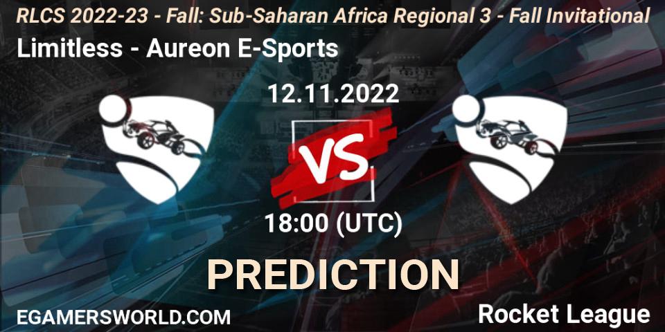 Pronósticos Limitless - Aureon E-Sports. 12.11.2022 at 18:00. RLCS 2022-23 - Fall: Sub-Saharan Africa Regional 3 - Fall Invitational - Rocket League