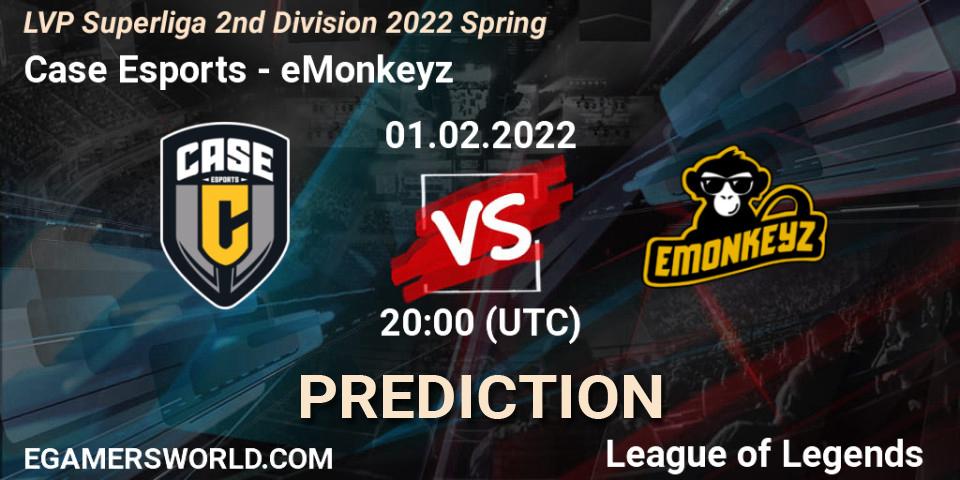 Pronósticos Case Esports - eMonkeyz. 01.02.2022 at 19:00. LVP Superliga 2nd Division 2022 Spring - LoL