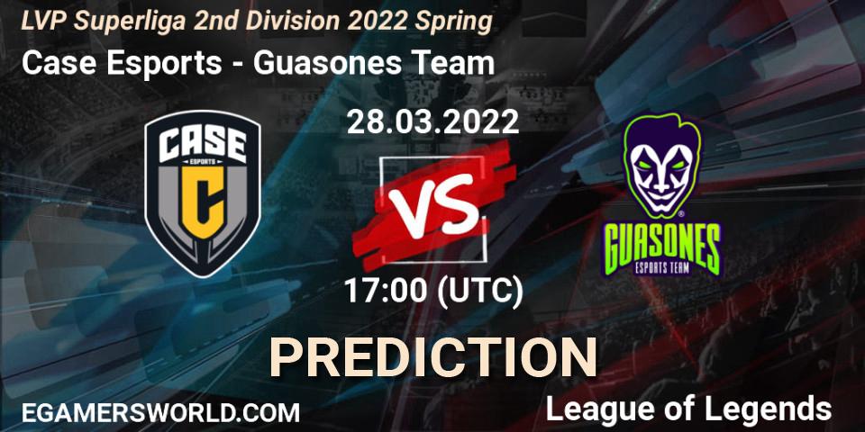 Pronósticos Case Esports - Guasones Team. 28.03.2022 at 17:00. LVP Superliga 2nd Division 2022 Spring - LoL