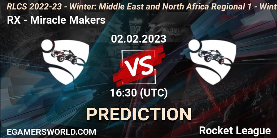 Pronósticos RX - Miracle Makers. 02.02.2023 at 16:30. RLCS 2022-23 - Winter: Middle East and North Africa Regional 1 - Winter Open - Rocket League