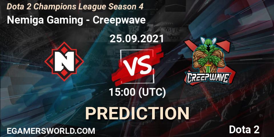 Pronósticos Nemiga Gaming - Creepwave. 25.09.2021 at 15:00. Dota 2 Champions League Season 4 - Dota 2