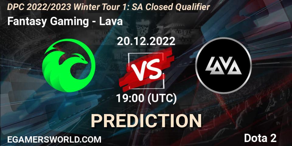 Pronósticos Fantasy Gaming - Lava. 20.12.2022 at 19:33. DPC 2022/2023 Winter Tour 1: SA Closed Qualifier - Dota 2