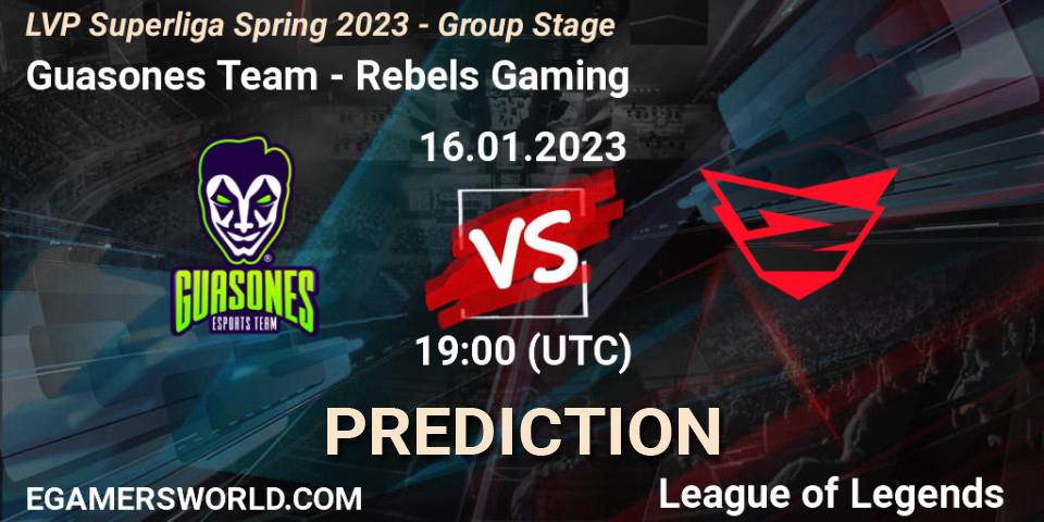 Pronósticos Guasones Team - Rebels Gaming. 16.01.2023 at 19:00. LVP Superliga Spring 2023 - Group Stage - LoL