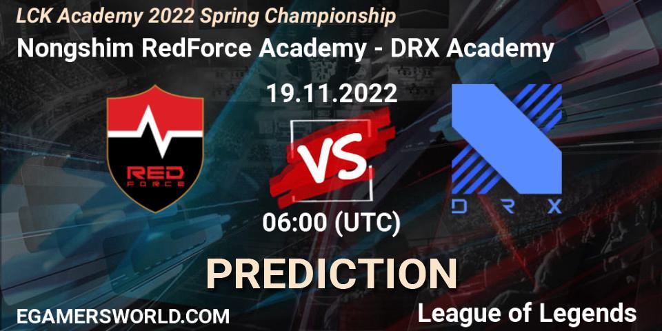 Pronósticos Nongshim RedForce Academy - DRX Academy. 19.11.2022 at 08:25. LCK Academy 2022 Spring Championship - LoL