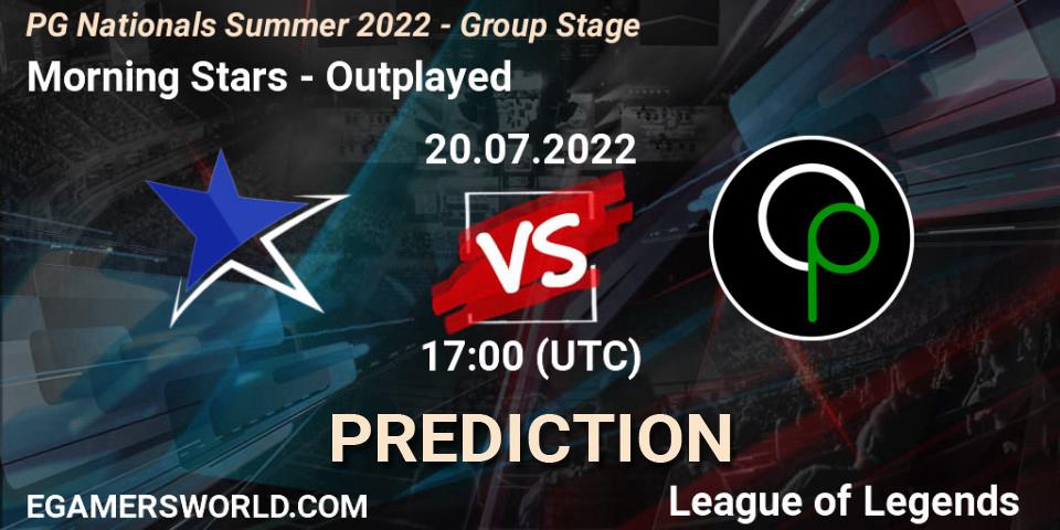 Pronósticos Morning Stars - Outplayed. 20.07.2022 at 17:00. PG Nationals Summer 2022 - Group Stage - LoL