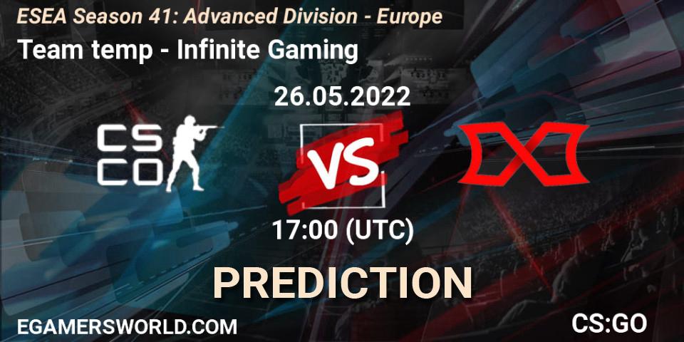 Pronósticos Team temp - Infinite Gaming. 07.06.2022 at 16:00. ESEA Season 41: Advanced Division - Europe - Counter-Strike (CS2)
