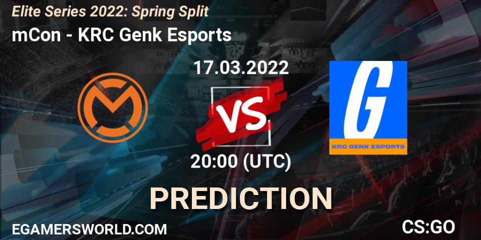 Pronósticos mCon - KRC Genk Esports. 17.03.2022 at 20:00. Elite Series 2022: Spring Split - Counter-Strike (CS2)