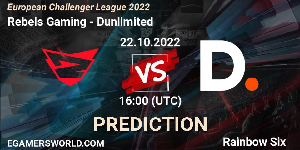 Pronósticos Rebels Gaming - Dunlimited. 22.10.2022 at 16:00. European Challenger League 2022 - Rainbow Six