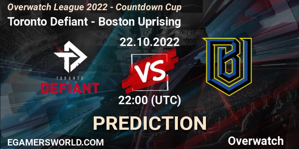 Pronósticos Toronto Defiant - Boston Uprising. 22.10.2022 at 22:00. Overwatch League 2022 - Countdown Cup - Overwatch